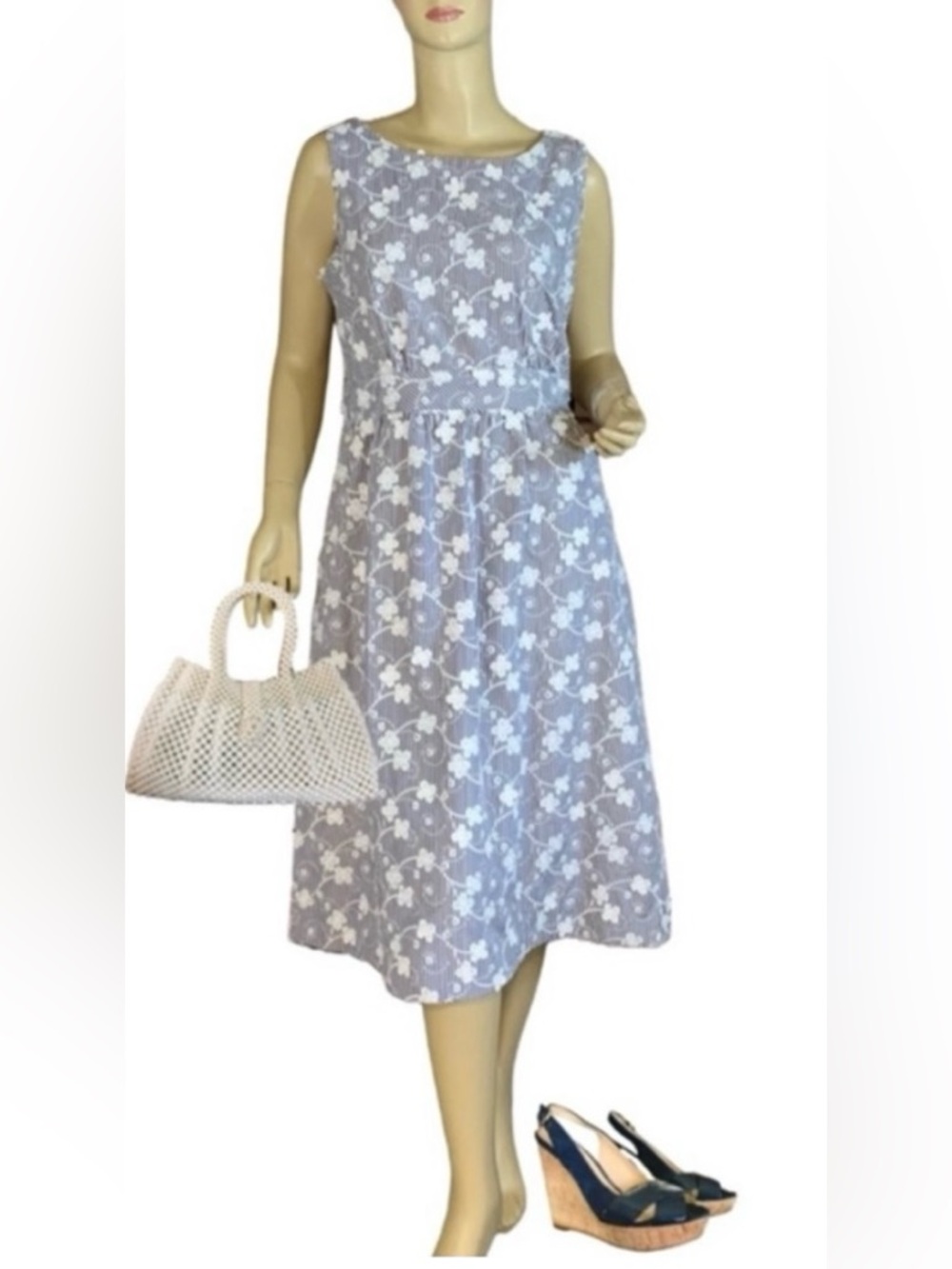 CALVIN KLEIN BLUE AND WHITE STRIPED WITH EMBROIDERED FLORAL PRINT DRESS (12)